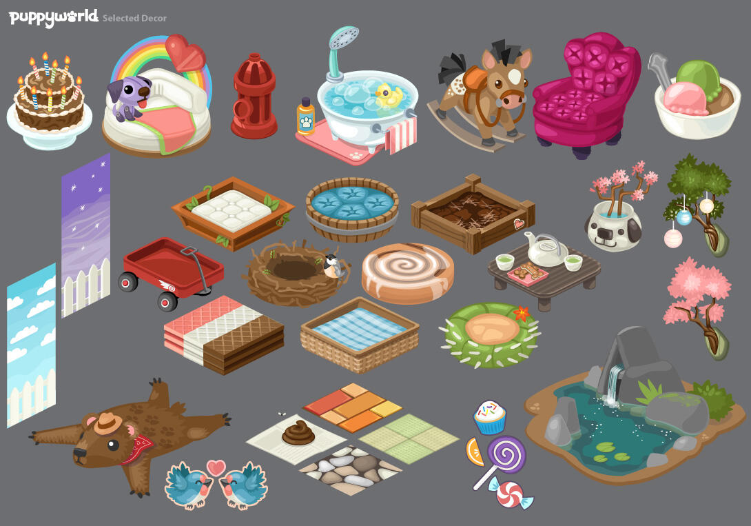 Various decor items created for Puppyworld/OMGpop