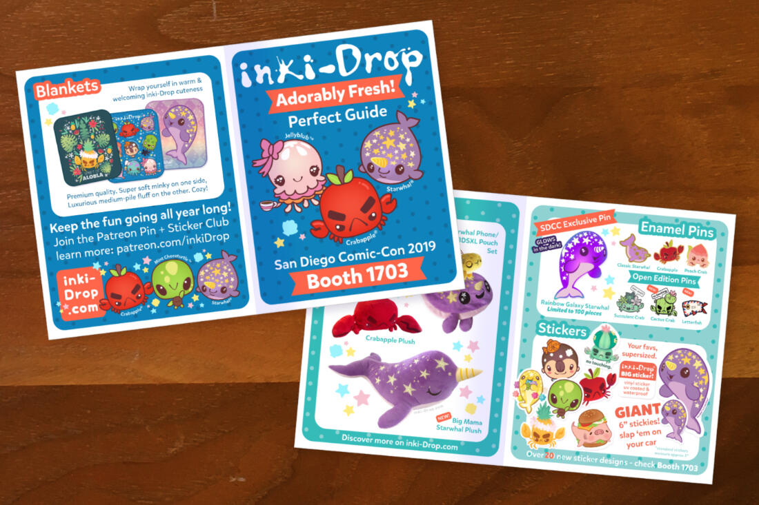 Mock-up of booth promo flyer for inki-Drop&#39;s 2019 San Diego Comic Con appearance